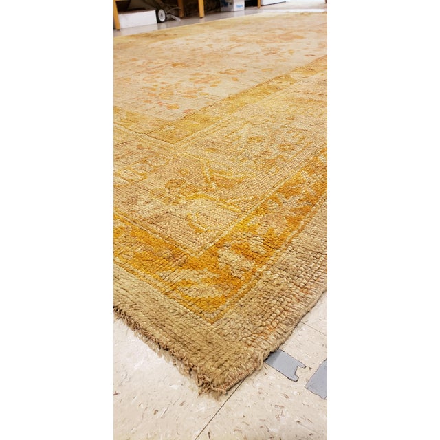 Antique Oushak Carpet, Handmade Oriental Rug, Pale Blue Green, Yellow, Coral Rug For Sale - Image 4 of 18