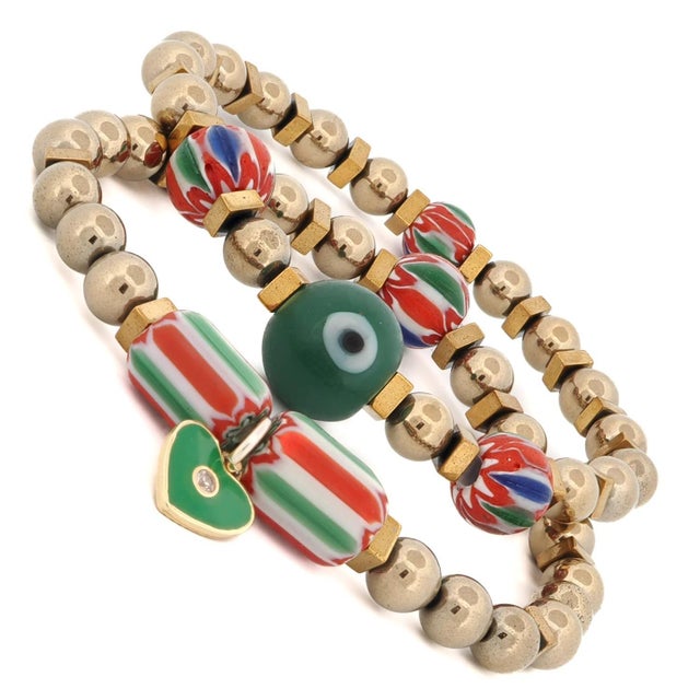 Early 21st Century African & Gold Beaded Heart Charm Bracelet Set For Sale - Image 5 of 6