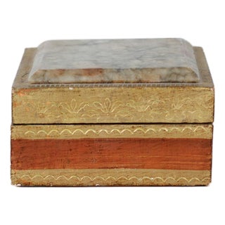 1960's Italian Florentine Gilt Wood Trinket Box With Marble Lid Inset For Sale