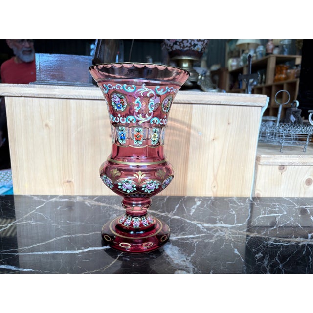 Ruby Red Enamelled and Gilded Bohemian Crystal Vase For Sale - Image 12 of 12