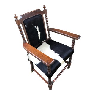 Vintage Cowhide and Barley Twist Wood Jacobean Style Arm Chair For Sale
