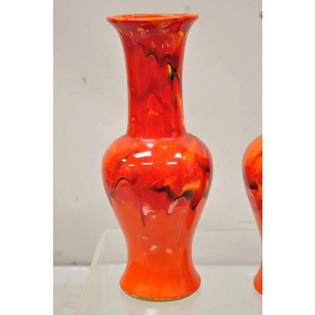 Vintage Red Lava Drip Glazed Mid Century Modern Ceramic Pottery Vessel Vase Pair For Sale - Image 4 of 11