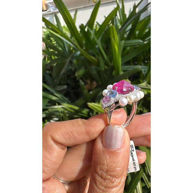 Set in 18k Gold, Tourmaline, Multi Sapphires, Freshwater Pearls & Diamonds Ring, Size 6 For Sale - Image 10 of 10