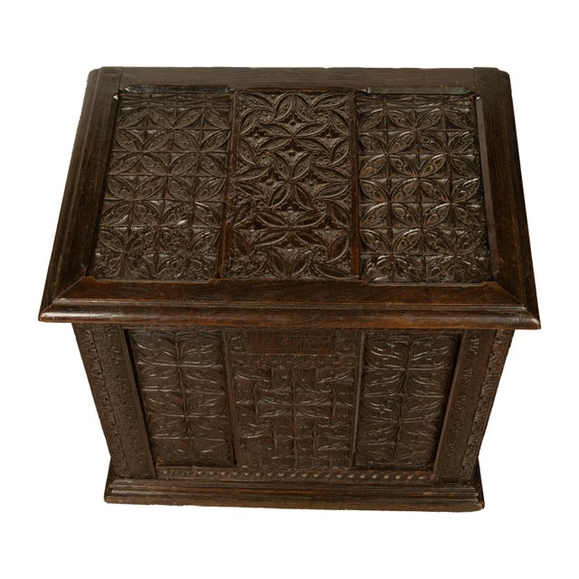 Antique French Medieval Gothic Carved Oak Chest Coffer 17th Century Panels 1679 For Sale - Image 14 of 16