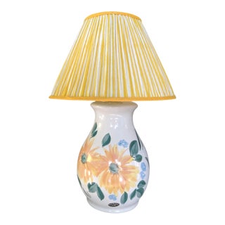 Vintage Hand Painted Floral Ceramic Lamp With Pleated Lamp Shade For Sale