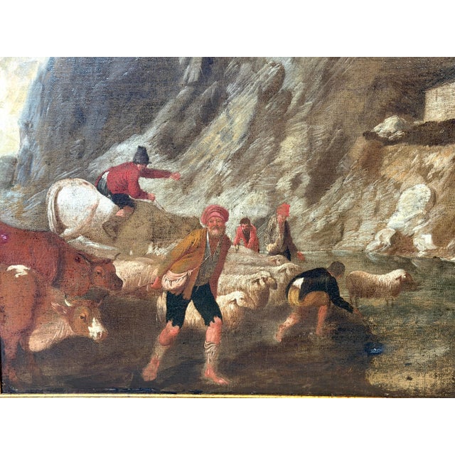 18th Century Dutch/ Flemish Italianate Pastoral River Landscape with Shepards For Sale - Image 18 of 18