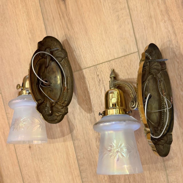 Vintage Pair of Brass Sconces With Iridescent Etched Shades For Sale - Image 4 of 4