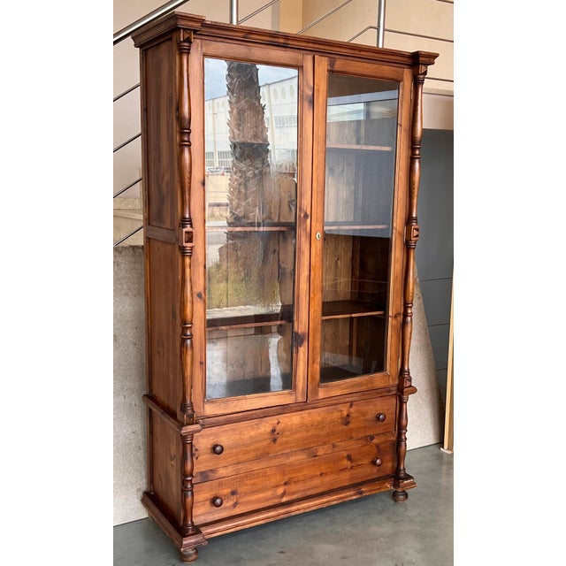 20th Century Large Cupboard or Bookcase with Glass Vitrine, Pine, Spain Restored For Sale - Image 16 of 18