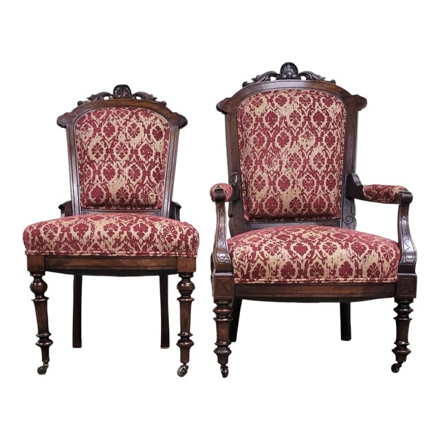 Antique Victorian Eastlake Fleur De Lis Upholstered Parlor Chairs For Sale