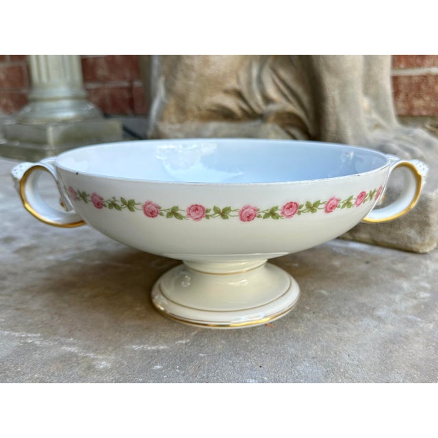 1910s Antique Rosenthal Selb-Bavaria “Empire” Pedestal Bowl With Ram Mask Handles & Pink Rose Garland For Sale - Image 5 of 6