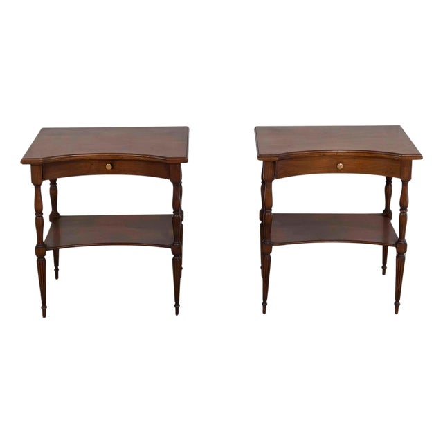 Mid 20th Century Pair of Louis XVI–Style Bedside Tables with Curved Fronts and Lower Shelves For Sale