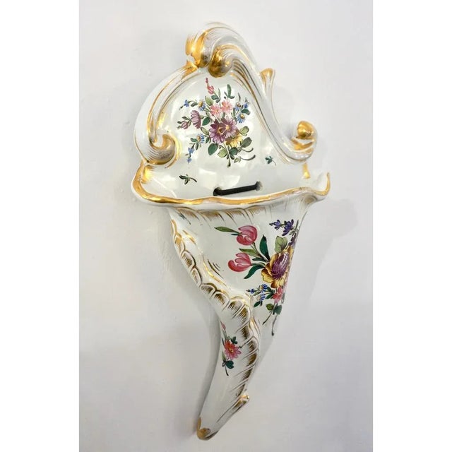 Late 19th Century 1870s Antique French Faience Pottery White Pink Gold Flower Holder Wall Pocket For Sale - Image 5 of 12