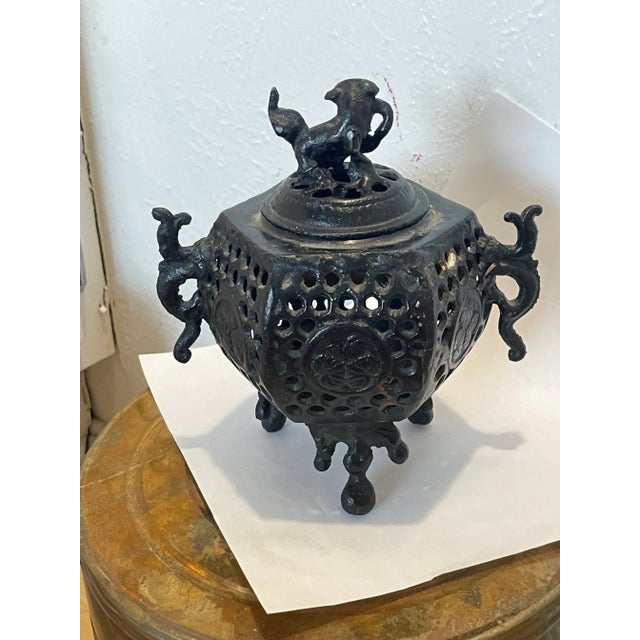 Chinese Brown Foo Dog Lid Floral Bronze Incense Burner For Sale - Image 4 of 7