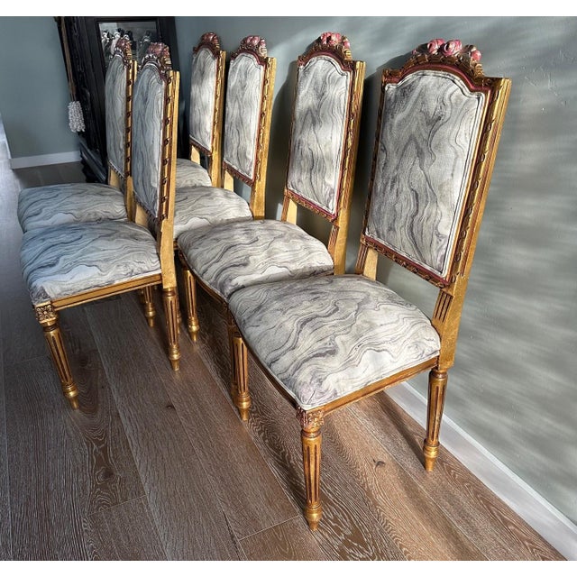 Late 18th Century Late 18th Century French Louis XVI - Style Giltwood Dining Chairs With Hand-Painted Rosettes - Set of 6 For Sale - Image 5 of 14
