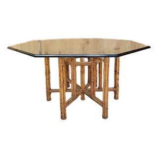 Vintage Coastal McGuire Rattan and Bamboo Octagon Glass Dining Table For Sale