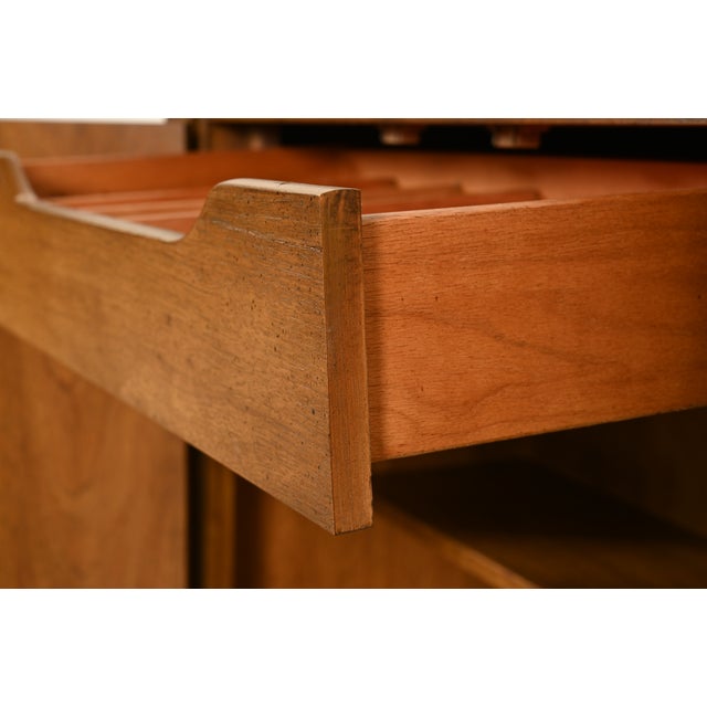 French Regency Louis XVI Carved Pecan Wood Marble Top Sideboard Buffet or Bar Cabinet by Stanley, Circa 1960s For Sale In South Bend - Image 6 of 13