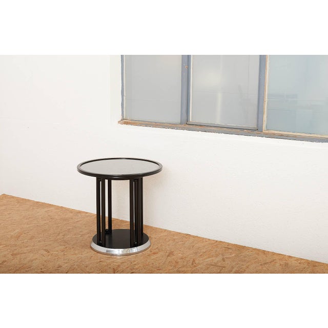 Fledermaus Side Table in Black Lacquered Wood with Metal Edge and Leather Glass Top by Josef Hoffmann for Wittmann, 1990s For Sale - Image 9 of 12