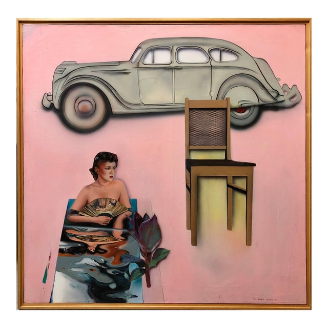 Joshua GriffitIsraeli Pop Art Large Vintage Antique Auto Pink Oil Painting Americana, 1989 For Sale