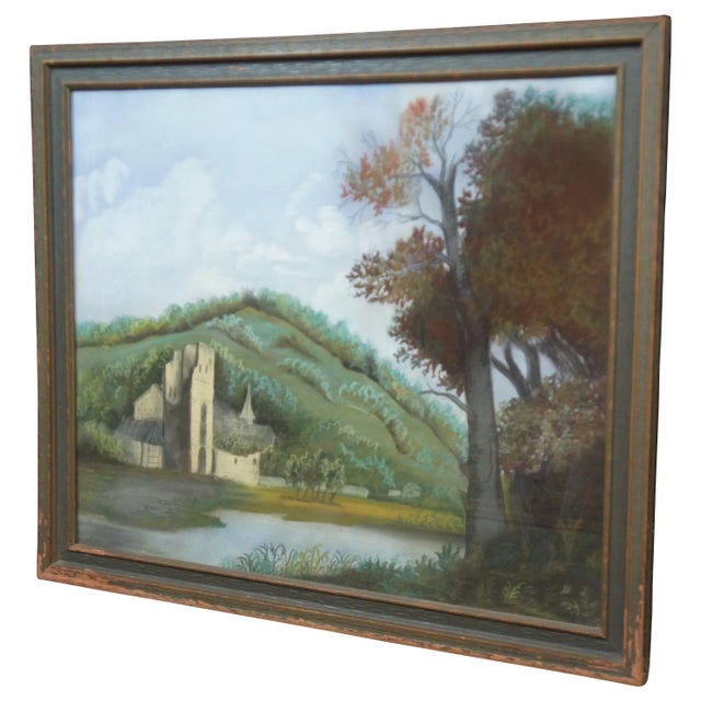 Farmhouse 1950s German Castle River Landscape Pastel Drawing, Framed For Sale - Image 3 of 11