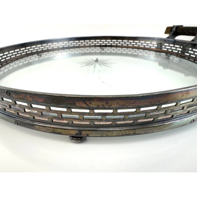 Mid-Century Modern Mid 20th Century Silverplate Gallery Tray With Cut Glass Starburst Design and Wood Handles For Sale - Image 3 of 8