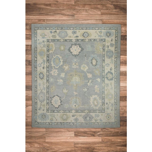 Textile Early 21st Century Blue & Green Floral Design Handwoven Wool Turkish Oushak Rug 8'3" X 9'7" For Sale - Image 7 of 8