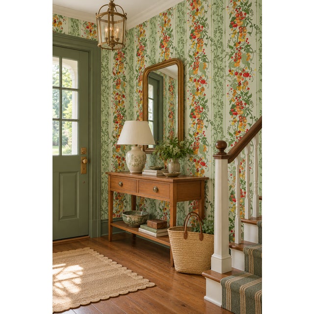 Traditional Tomato Vine Stripe Grasscloth Wallpaper by House Party | Garden Green | 6 Yards For Sale - Image 3 of 15