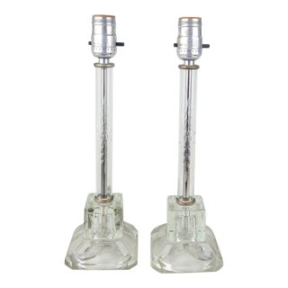 Vintage Leviton Mid Century Modern Glass Candlestick Lamps Etched Column Table Lamps - a pair For Sale