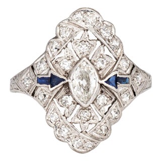 1930s Vintage Art Deco Diamond Sapphire Arrow Ring Sz 6.25 Platinum Navette Jewelry For Sale