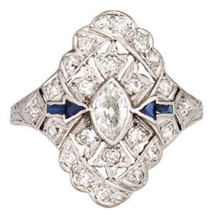 1930s Vintage Art Deco Diamond Sapphire Arrow Ring Sz 6.25 Platinum Navette Jewelry