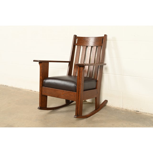 Charles Stickley Antique Mission Oak Arts & Crafts Cutout Rocking Chair, Newly Restored For Sale - Image 13 of 13