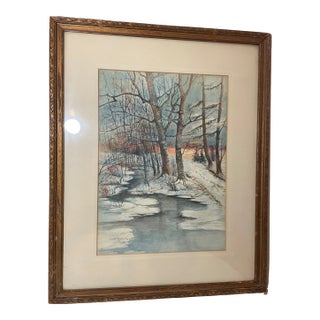 Antique Original 1921 Terwilliger Winter Forest Watercolor Gouache Painting For Sale