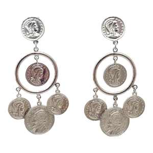 Vintage 1970s Signed Crown Trifari Rhodium Plated "Coins" Chandelier Clip Earrings - 2 Pieces