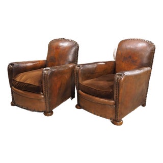 Pair of Authentic 1930’s Studded Leather Club Chairs From France For Sale