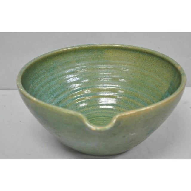Mid 20th Century Vintage Primitive Green Glazed Ceramic Pottery Large Mixing Bowl W Handle For Sale - Image 5 of 18
