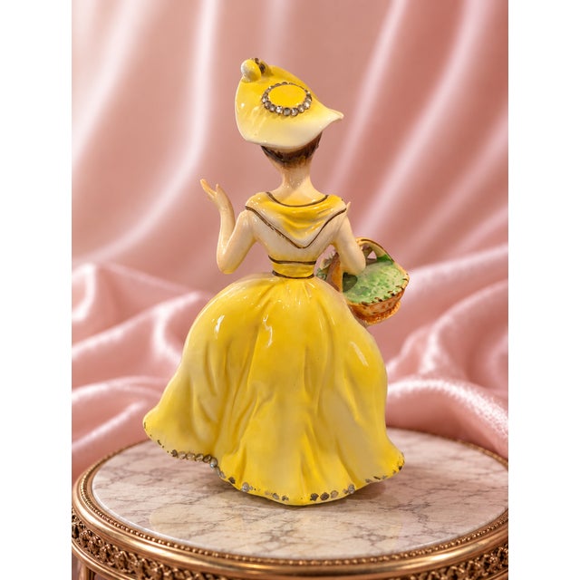 Mid-Century Modern 1950s Japanese Porcelain Lady Figurine in Yellow Gown With Rhinestones & Flowers For Sale - Image 3 of 11