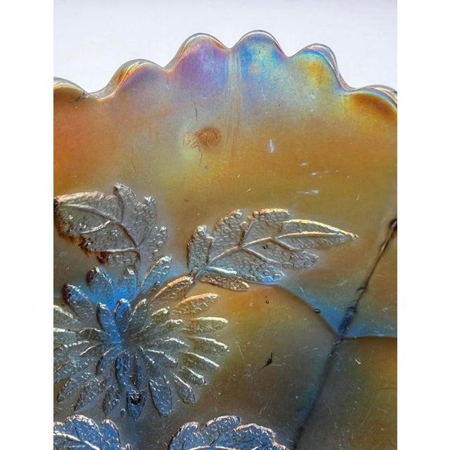 Vintage Fenton Blue Carnival Glass Chrysanthemum & Windmills 3-Footed Bowl For Sale - Image 10 of 11