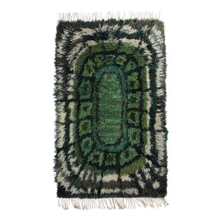 Geometric Swedish Rya Wool Rug in Green Tones, 1960 For Sale