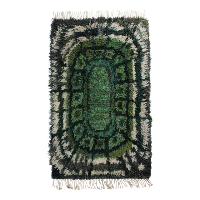 Geometric Swedish Rya Wool Rug in Green Tones, 1960 For Sale