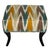 A pair of vibrant multicolor ikat upholstered benches with flared legs. The newly upholstered seats have a flamestitch...