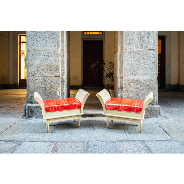 Metal Art Deco Stools in Wood, Brass and Leather, Italy, 1930s, Set of 2 For Sale - Image 7 of 7