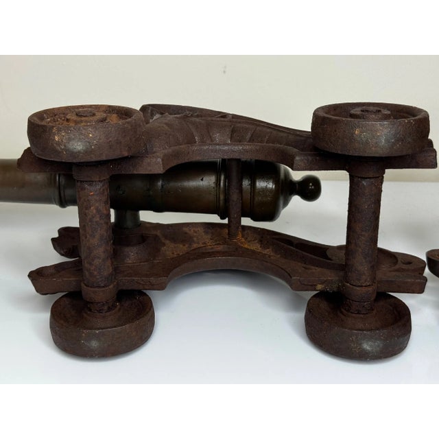 Pair Small 19th Century Chinese Bronze Signal Cannons With Dragon Carriages For Sale - Image 10 of 12
