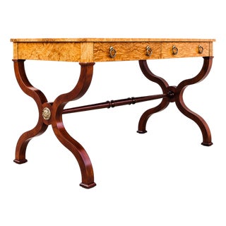 Restored Burl & Brass Vintage Regency Writing Desk by Baker For Sale