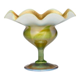 Antique Tiffany Studios Pulled Feather Ruffled Design Favrile Glass Vase/Compote For Sale