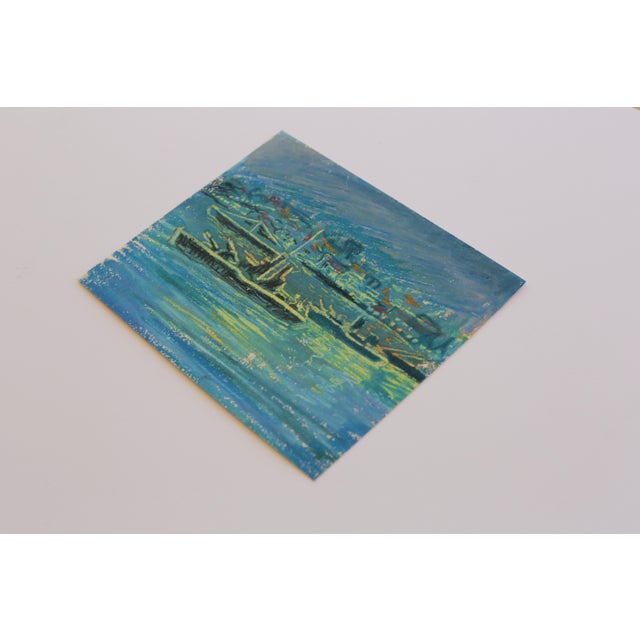 Paper 1950s Mid-Century Swedish Outsider Folk-Art Original Drawing of Military War Ships in Harbour in Oil Pastels in Blue, Green & Yellow For Sale - Image 7 of 7