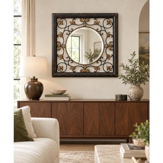 Late 20th Century Vintage Onyx Black and Aged-Gold Botanical Metal Mirror With Beveled Glass For Sale - Image 5 of 6