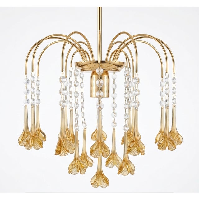 Glass Vintage Gold Rain Chandelier with Crystals and Handmade Murano Glass Flowers, Italy, 1966 For Sale - Image 7 of 18