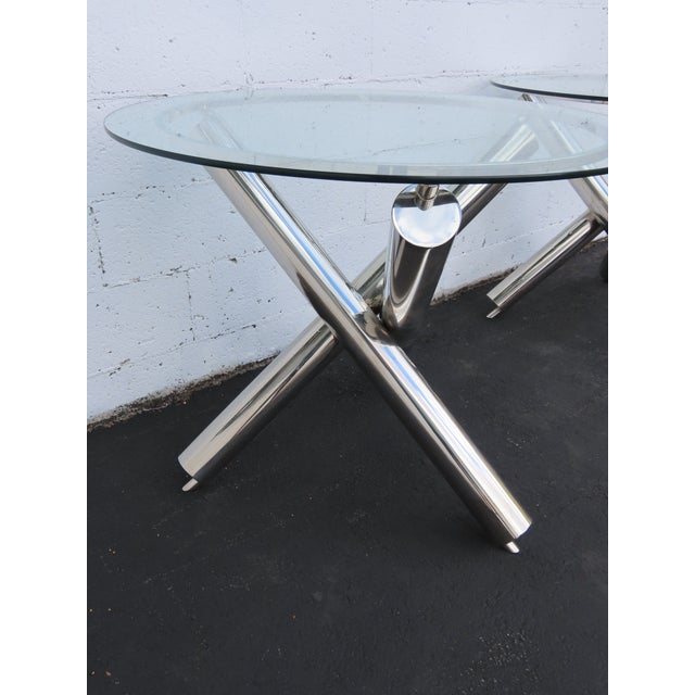 Milo Baughman Style Chrome Glass Top Jax Tables a Pair 6571 For Sale - Image 17 of 18