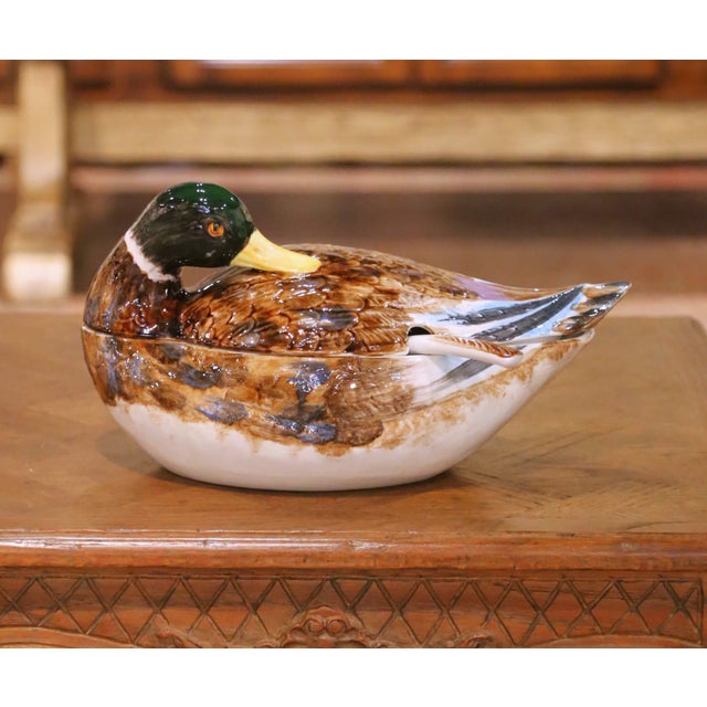 Italian Late 20th Century Italian Majolica Duck Form Soup Tureen With Ladle For Sale - Image 3 of 16