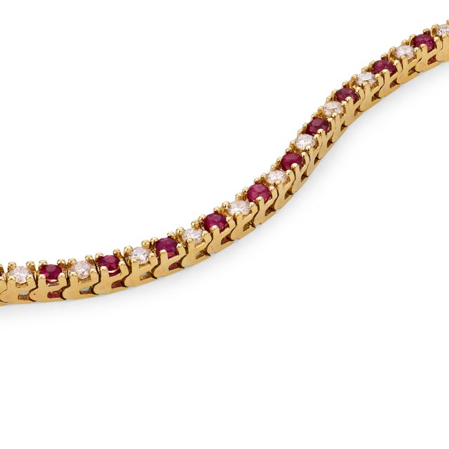 Vintage Ruby Diamond 14k Yellow Gold Tennis Bracelet For Sale - Image 4 of 6