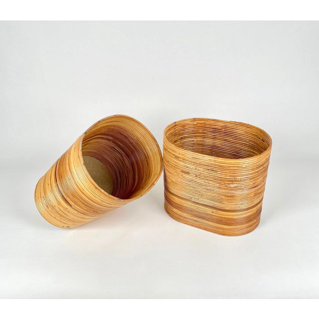 Mid-Century Oval Rattan and Bamboo Basket Plant Holders or Vases, Italy, 1960s, Set of 2 For Sale - Image 11 of 14